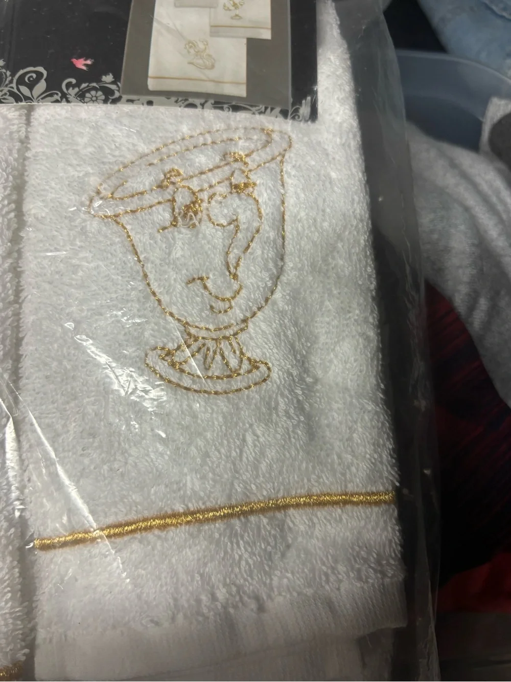 White & Gold Embroidered Bath Towel Set - 3 Piece Beauty & the Beast
